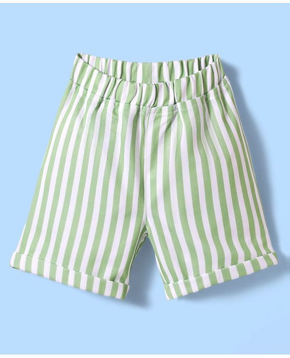 Babyhug Cotton Woven Full Sleeves Printed Party Shirt & Shorts Set with Bow Applique & Stripes - Green & White