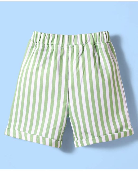 Babyhug Cotton Woven Full Sleeves Printed Party Shirt & Shorts Set with Bow Applique & Stripes - Green & White
