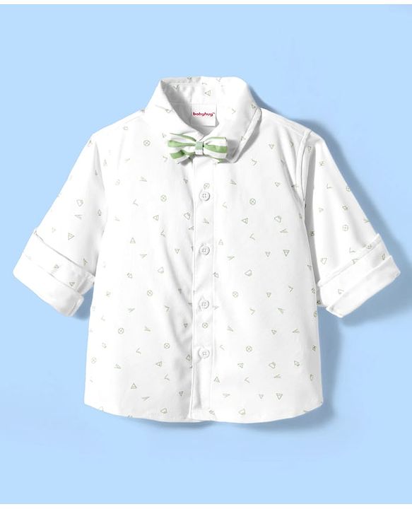 Babyhug Cotton Woven Full Sleeves Printed Party Shirt & Shorts Set with Bow Applique & Stripes - Green & White