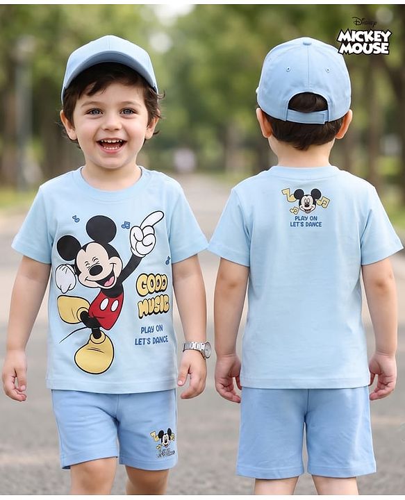 Babyhug Disney 100% Cotton Knit Half Sleeves T-Shirt & Shorts Set With Mickey Mouse Graphics - Light Blue