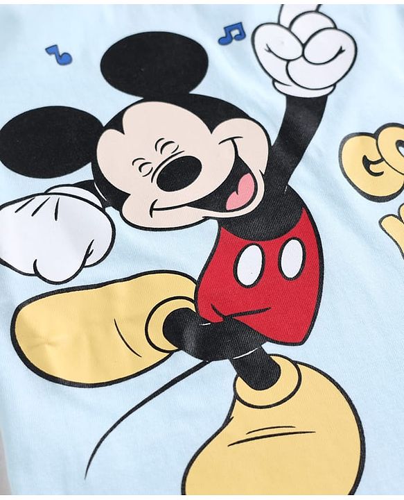 Babyhug Disney 100% Cotton Knit Half Sleeves T-Shirt & Shorts Set With Mickey Mouse Graphics - Light Blue