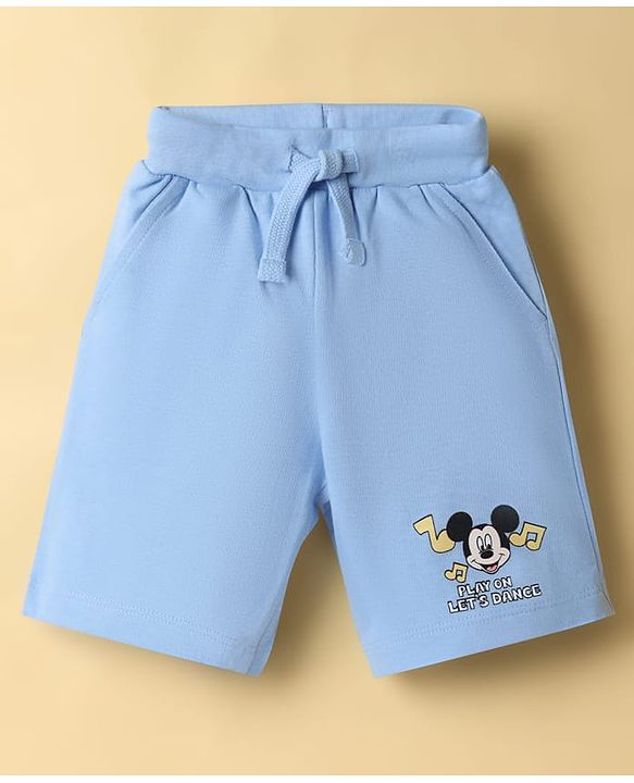 Babyhug Disney 100% Cotton Knit Half Sleeves T-Shirt & Shorts Set With Mickey Mouse Graphics - Light Blue