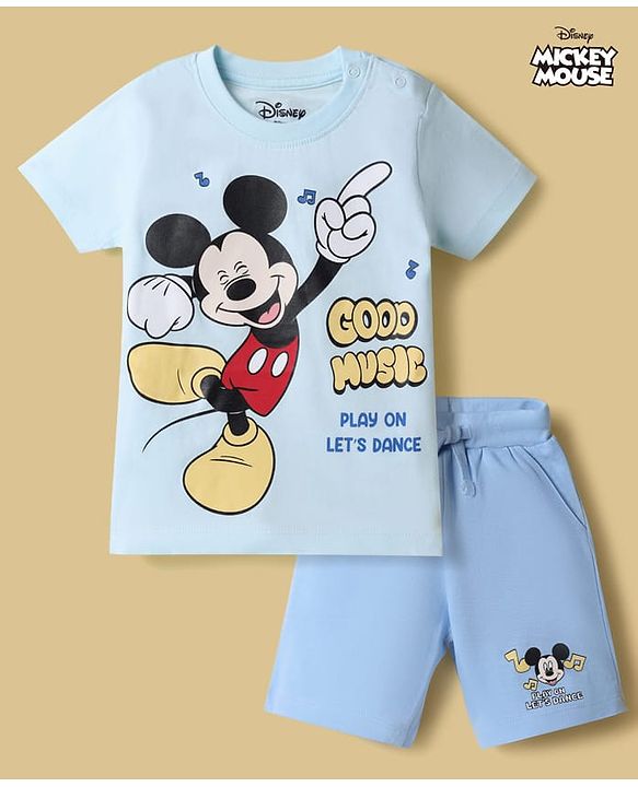Babyhug Disney 100% Cotton Knit Half Sleeves T-Shirt & Shorts Set With Mickey Mouse Graphics - Light Blue