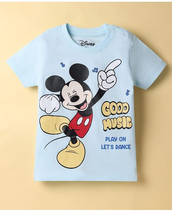 Babyhug Disney 100% Cotton Knit Half Sleeves T-Shirt & Shorts Set With Mickey Mouse Graphics - Light Blue