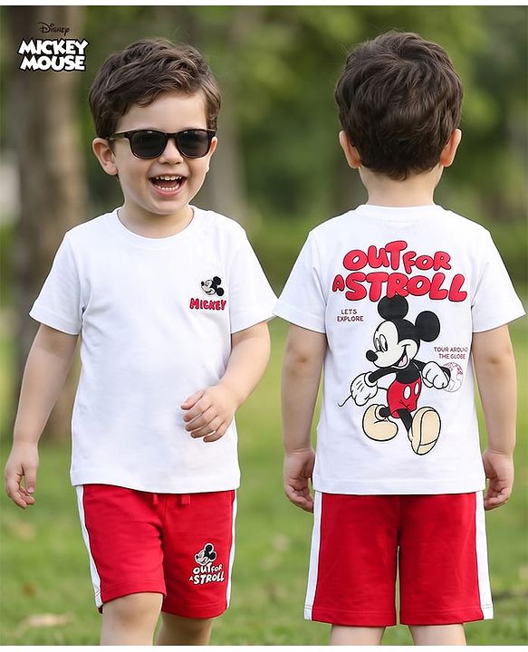 Babyhug Disney 100% Cotton Knit Half Sleeves T-Shirt & Shorts Set With Mickey Mouse Graphic - Red