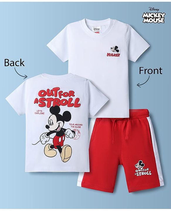 Babyhug Disney 100% Cotton Knit Half Sleeves T-Shirt & Shorts Set With Mickey Mouse Graphic - Red
