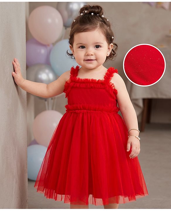Babyhug Mesh Woven Sleeveless Party Dress with Frill Detailing - Red
