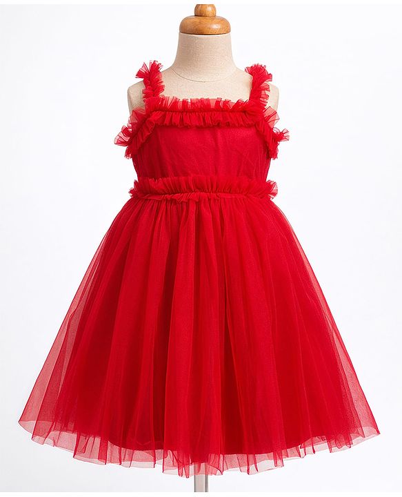 Babyhug Mesh Woven Sleeveless Party Dress with Frill Detailing - Red