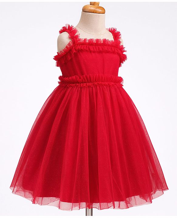 Babyhug Mesh Woven Sleeveless Party Dress with Frill Detailing - Red