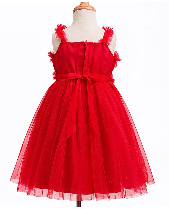 Babyhug Mesh Woven Sleeveless Party Dress with Frill Detailing - Red