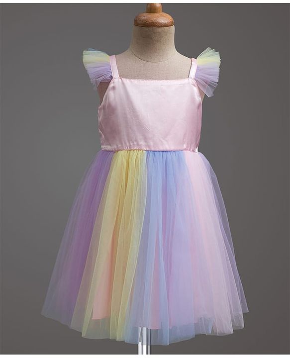 Babyhug Mesh Woven Sleeveless Fit & Flare Party Dress With Frill Detailing - Multicolor