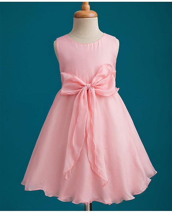 Babyhug Woven Sleeves Solid Color Party Dress with Bow Applique - Peach