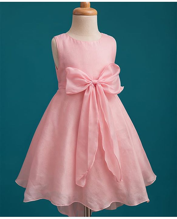Babyhug Woven Sleeves Solid Color Party Dress with Bow Applique - Peach