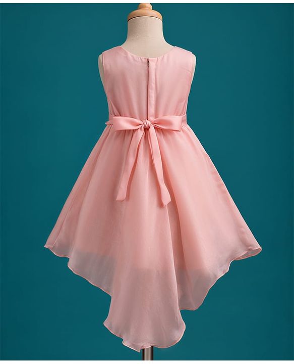 Babyhug Woven Sleeves Solid Color Party Dress with Bow Applique - Peach