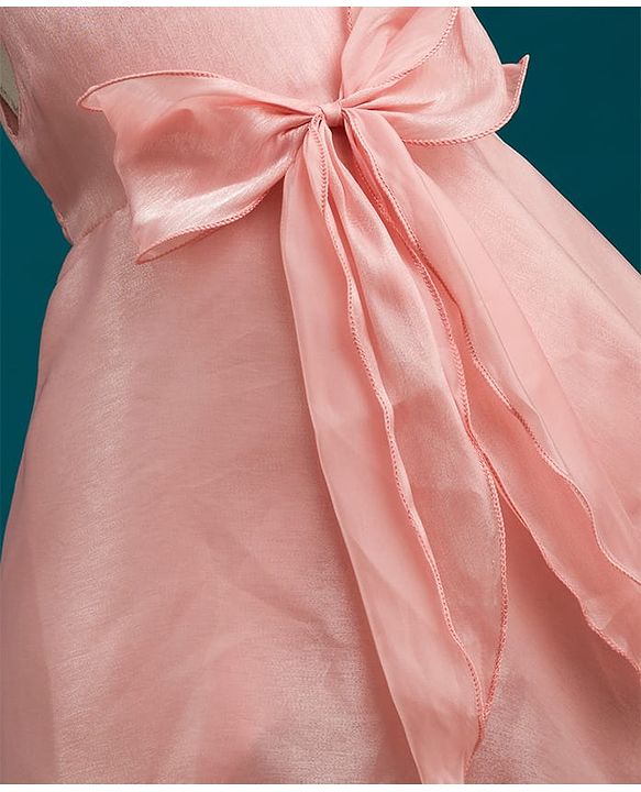 Babyhug Woven Sleeves Solid Color Party Dress with Bow Applique - Peach