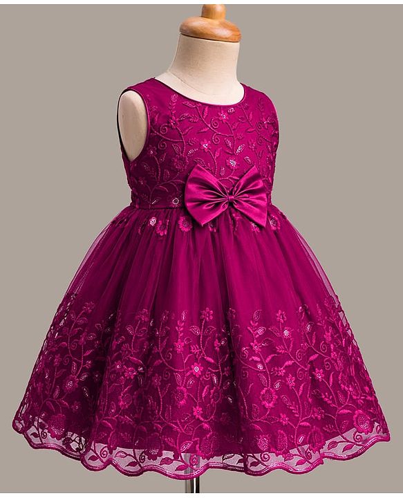 Babyhug Mesh Woven Sleeveless Party Dress with Floral Embroidery & Bow Applique - Wine