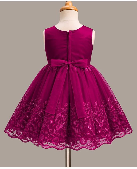 Babyhug Mesh Woven Sleeveless Party Dress with Floral Embroidery & Bow Applique - Wine