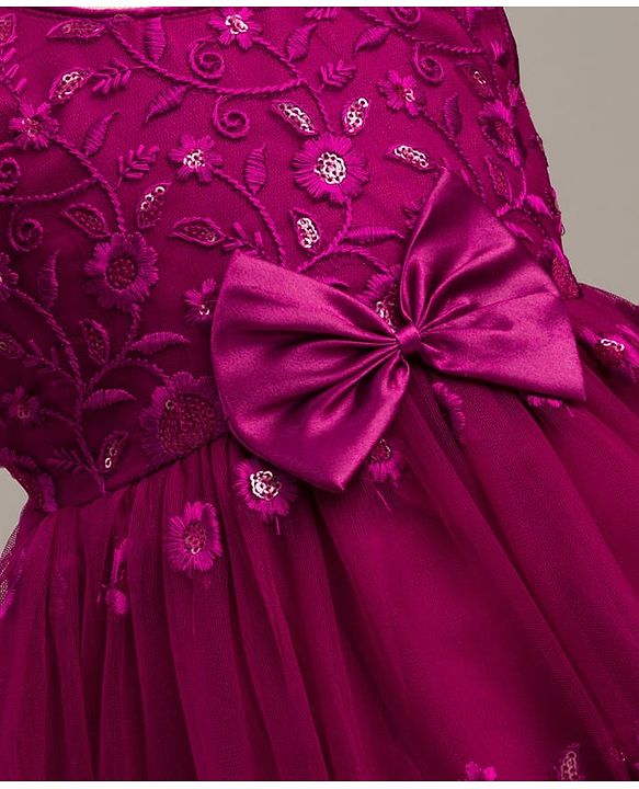 Babyhug Mesh Woven Sleeveless Party Dress with Floral Embroidery & Bow Applique - Wine