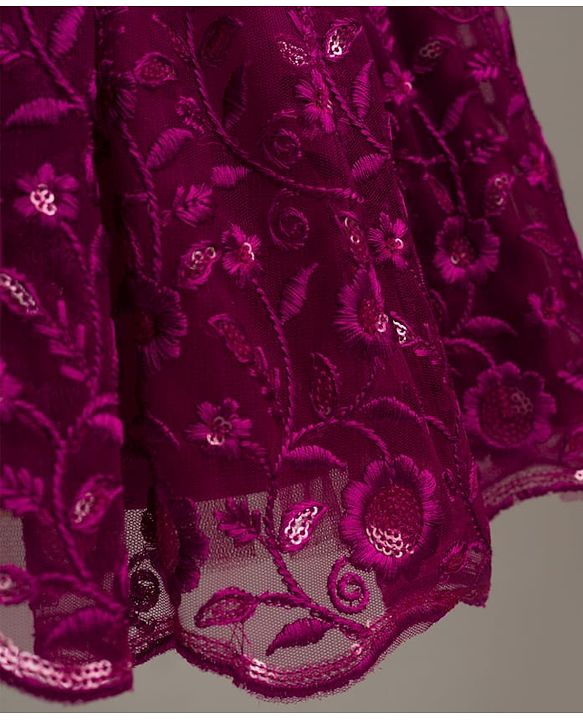 Babyhug Mesh Woven Sleeveless Party Dress with Floral Embroidery & Bow Applique - Wine
