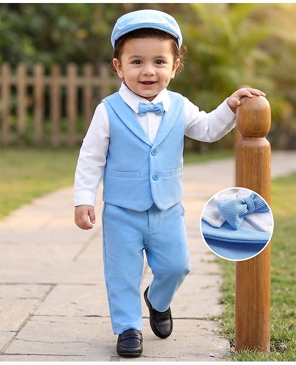 Babyhug Knit Full Sleeves Solid Party Shirt & Trouser with Attached Waistcoat Bow & Cap - Light Blue
