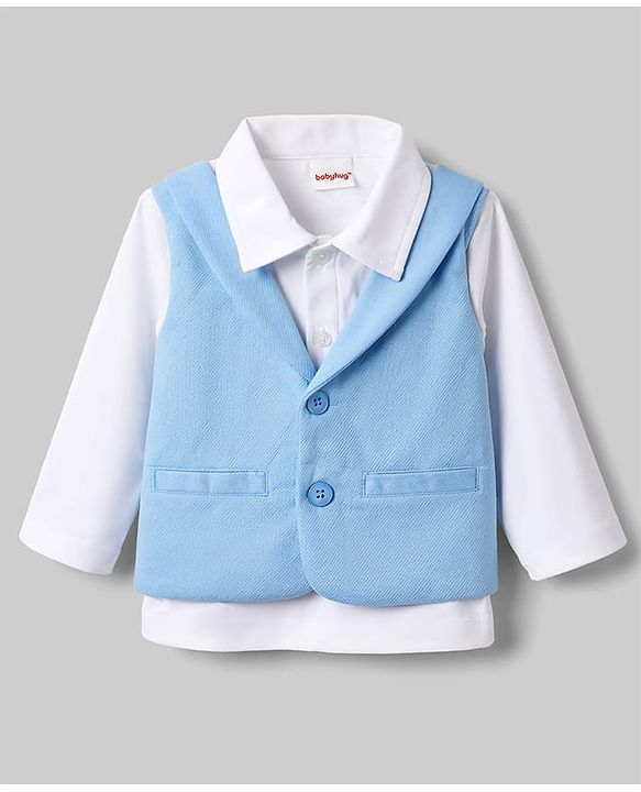 Babyhug Knit Full Sleeves Solid Party Shirt & Trouser with Attached Waistcoat Bow & Cap - Light Blue