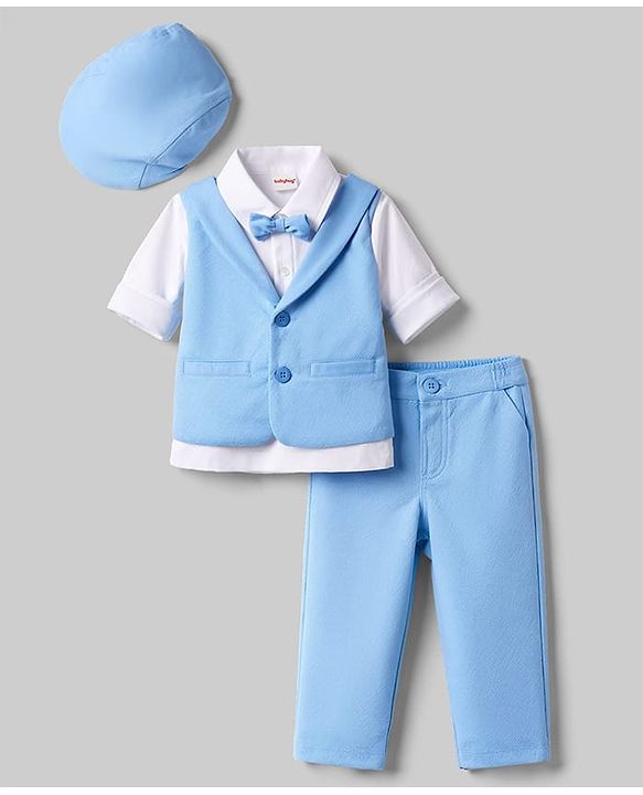 Babyhug Knit Full Sleeves Solid Party Shirt & Trouser with Attached Waistcoat Bow & Cap - Light Blue