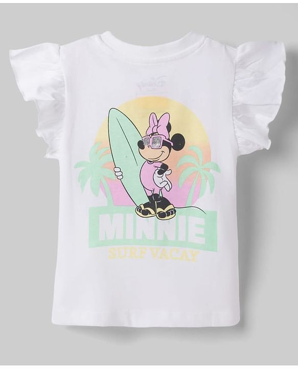 Babyhug Disney 100% Cotton Knit Half Frill Sleeves T-Shirt & Shorts Set With Front & Back Minnie Mouse Graphics With Foil Detailing - White & Light Green