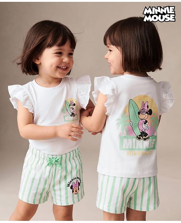 Babyhug Disney 100% Cotton Knit Half Frill Sleeves T-Shirt & Shorts Set With Front & Back Minnie Mouse Graphics With Foil Detailing - White & Light Green