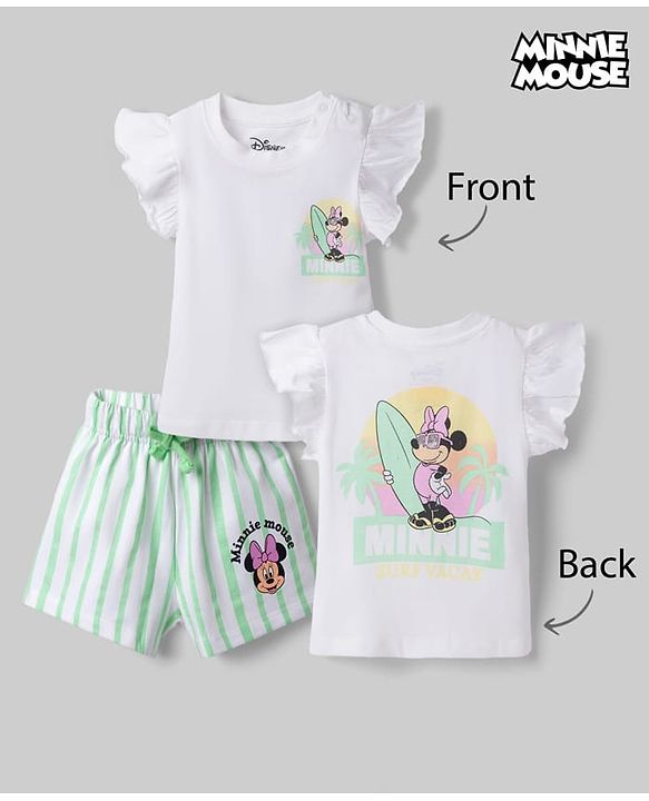 Babyhug Disney 100% Cotton Knit Half Frill Sleeves T-Shirt & Shorts Set With Front & Back Minnie Mouse Graphics With Foil Detailing - White & Light Green