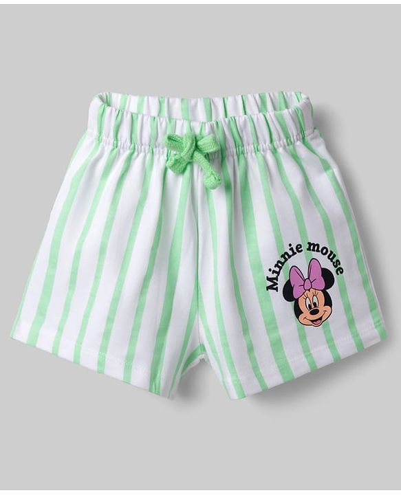 Babyhug Disney 100% Cotton Knit Half Frill Sleeves T-Shirt & Shorts Set With Front & Back Minnie Mouse Graphics With Foil Detailing - White & Light Green
