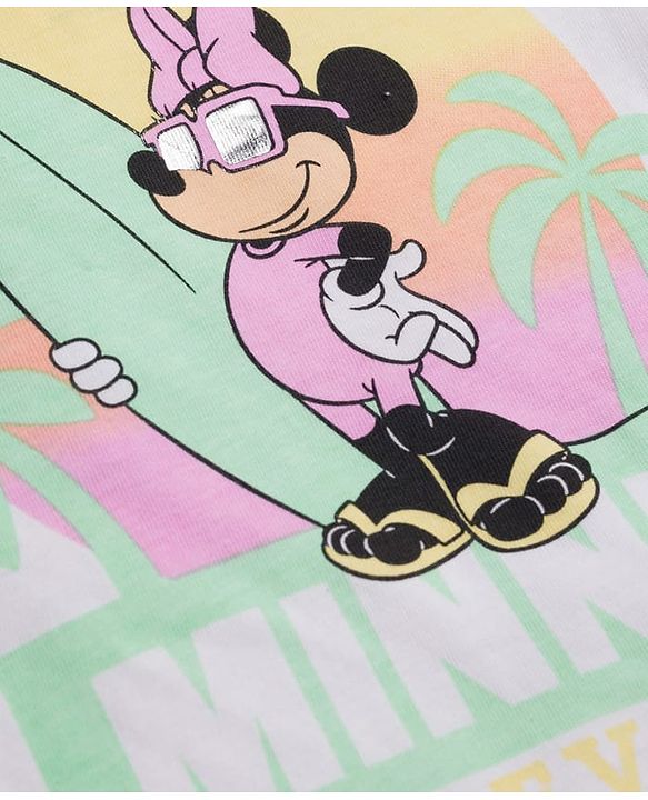 Babyhug Disney 100% Cotton Knit Half Frill Sleeves T-Shirt & Shorts Set With Front & Back Minnie Mouse Graphics With Foil Detailing - White & Light Green