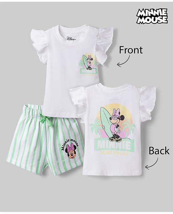 Babyhug Disney 100% Cotton Knit Half Frill Sleeves T-Shirt & Shorts Set With Front & Back Minnie Mouse Graphics With Foil Detailing - White & Light Green