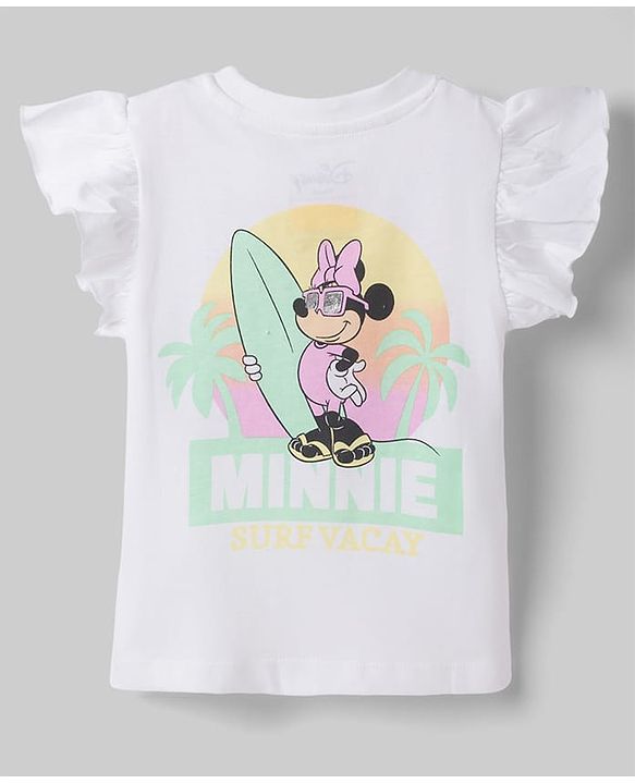 Babyhug Disney 100% Cotton Knit Half Frill Sleeves T-Shirt & Shorts Set With Front & Back Minnie Mouse Graphics With Foil Detailing - White & Light Green