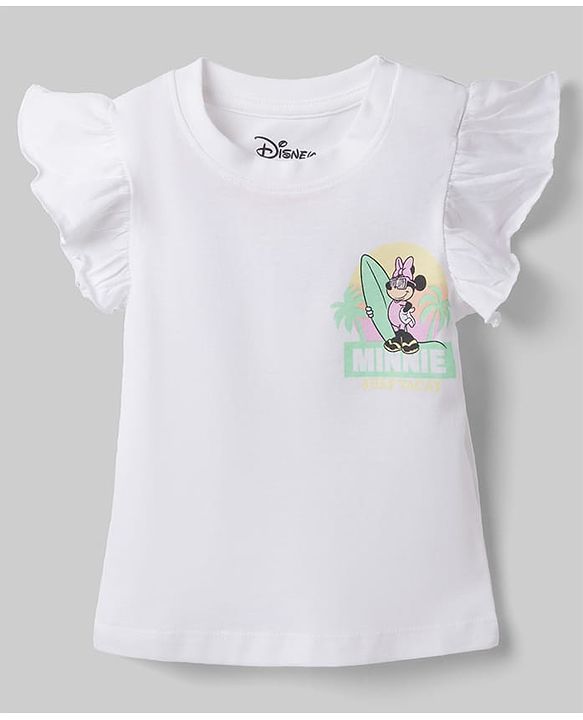 Babyhug Disney 100% Cotton Knit Half Frill Sleeves T-Shirt & Shorts Set With Front & Back Minnie Mouse Graphics With Foil Detailing - White & Light Green