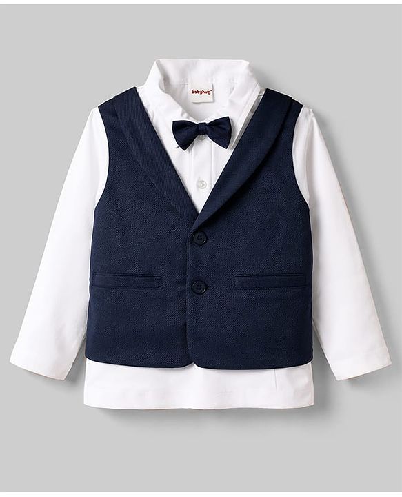 Babyhug Knit Full Sleeves 3 Piece Party Suit With Bow & Cap - Navy Blue
