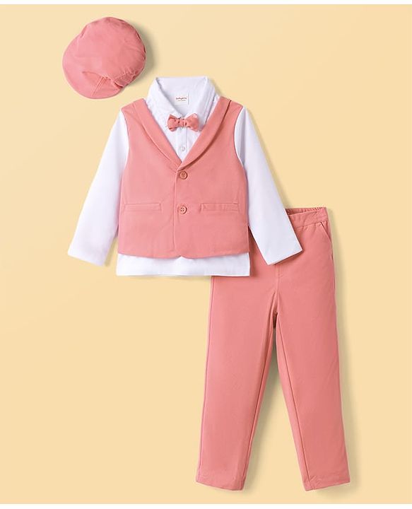 Babyhug Knit Full Sleeves Solid Party Shirt & Trouser with Attached Waistcoat Bow & Cap - Peach