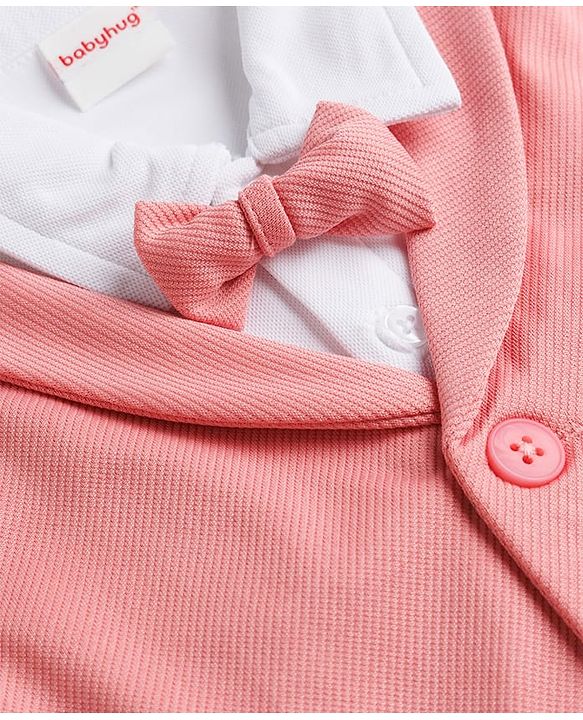 Babyhug Knit Full Sleeves Solid Party Shirt & Trouser with Attached Waistcoat Bow & Cap - Peach