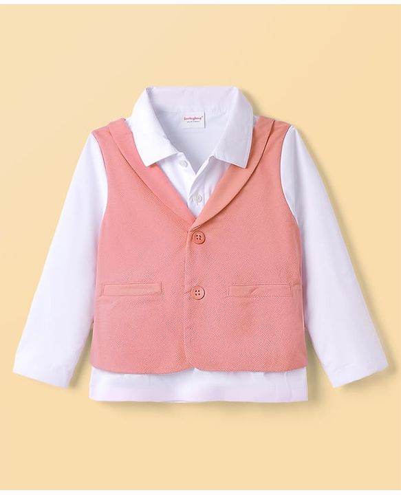 Babyhug Knit Full Sleeves Solid Party Shirt & Trouser with Attached Waistcoat Bow & Cap - Peach
