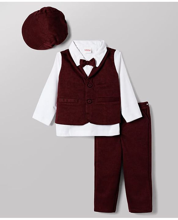 Babyhug Knit Full Sleeves Solid Shirt & Trouser with Bow & Cap - Wine
