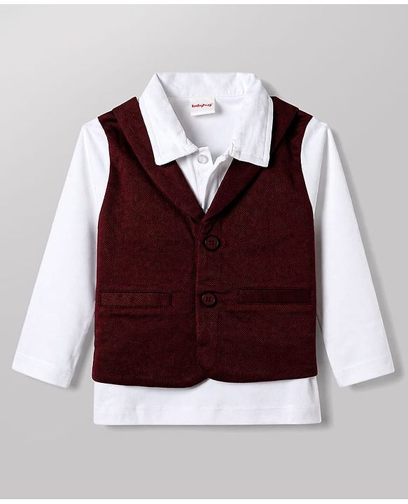Babyhug Knit Full Sleeves Solid Shirt & Trouser with Bow & Cap - Wine
