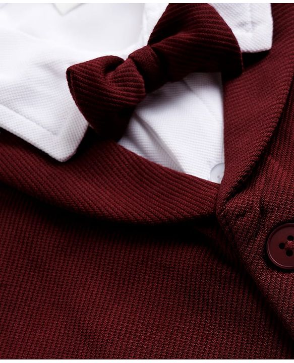 Babyhug Knit Full Sleeves Solid Shirt & Trouser with Bow & Cap - Wine