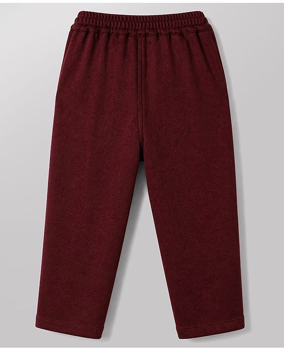 Babyhug Knit Full Sleeves Solid Shirt & Trouser with Bow & Cap - Wine