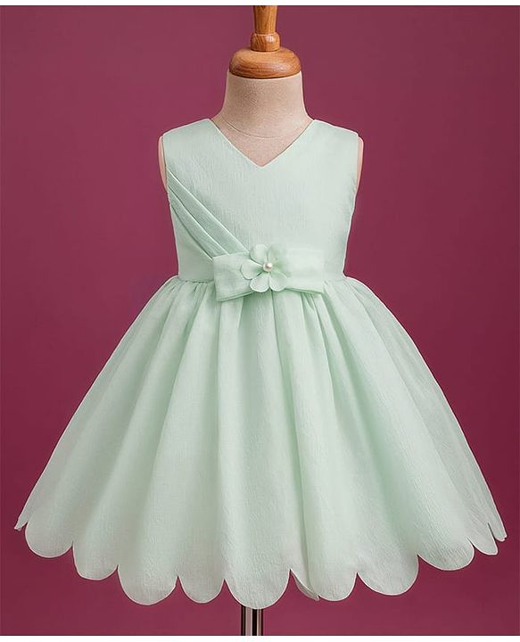 Babyhug Woven Sleeveless Party Dress with Bow Applique & Cotton Lining - Mint