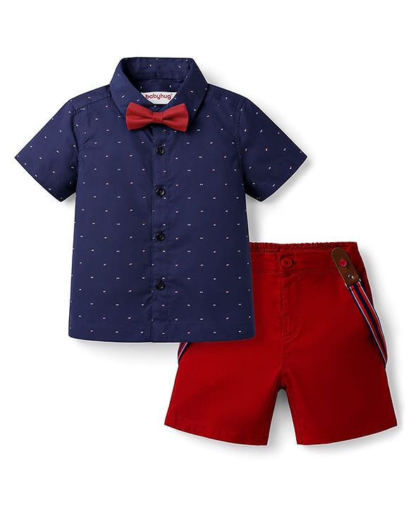 Babyhug Cotton Woven Half Sleeves Printed Shirt & Shorts with Bow & Suspender - Navy Blue & Maroon