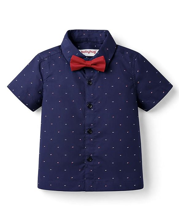 Babyhug Cotton Woven Half Sleeves Printed Shirt & Shorts with Bow & Suspender - Navy Blue & Maroon