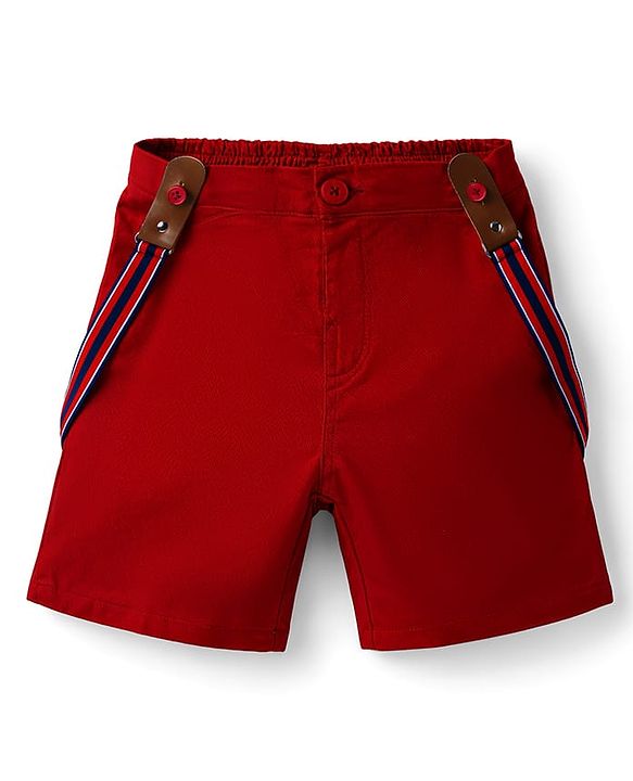 Babyhug Cotton Woven Half Sleeves Printed Shirt & Shorts with Bow & Suspender - Navy Blue & Maroon