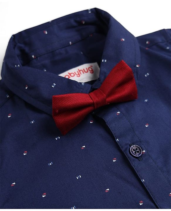 Babyhug Cotton Woven Half Sleeves Printed Shirt & Shorts with Bow & Suspender - Navy Blue & Maroon