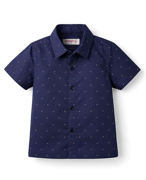 Babyhug Cotton Woven Half Sleeves Printed Shirt & Shorts with Bow & Suspender - Navy Blue & Maroon
