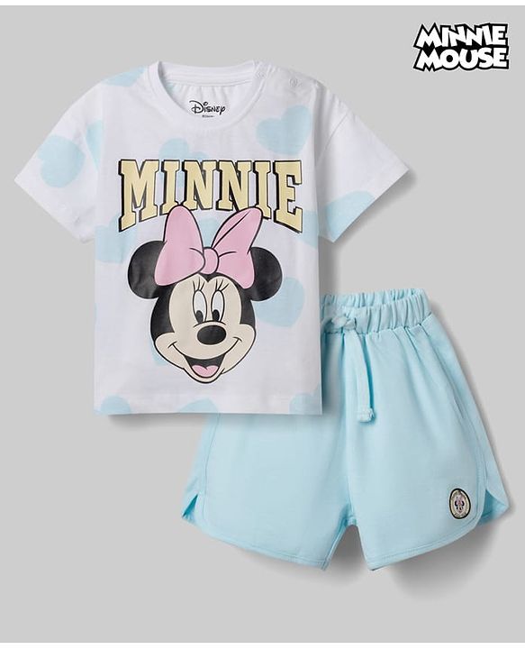 Babyhug Disney 100% Cotton Knit Half Sleeves T-Shirt & Shorts Set With Minnie Mouse Graphics - Light Blue