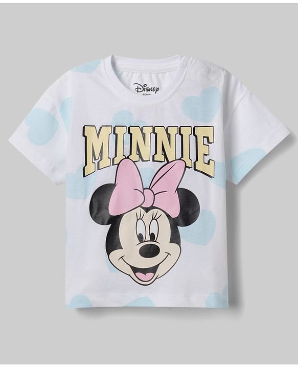 Babyhug Disney 100% Cotton Knit Half Sleeves T-Shirt & Shorts Set With Minnie Mouse Graphics - Light Blue